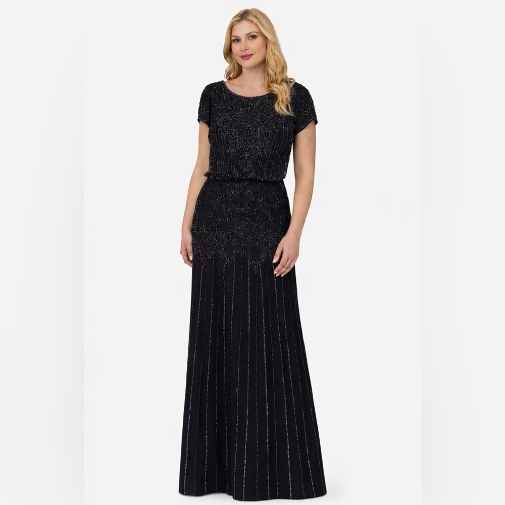 Adrianna Papell Black Beaded Evening Gown SZ 4 NWT Blouson Formal Dress GALA MOB